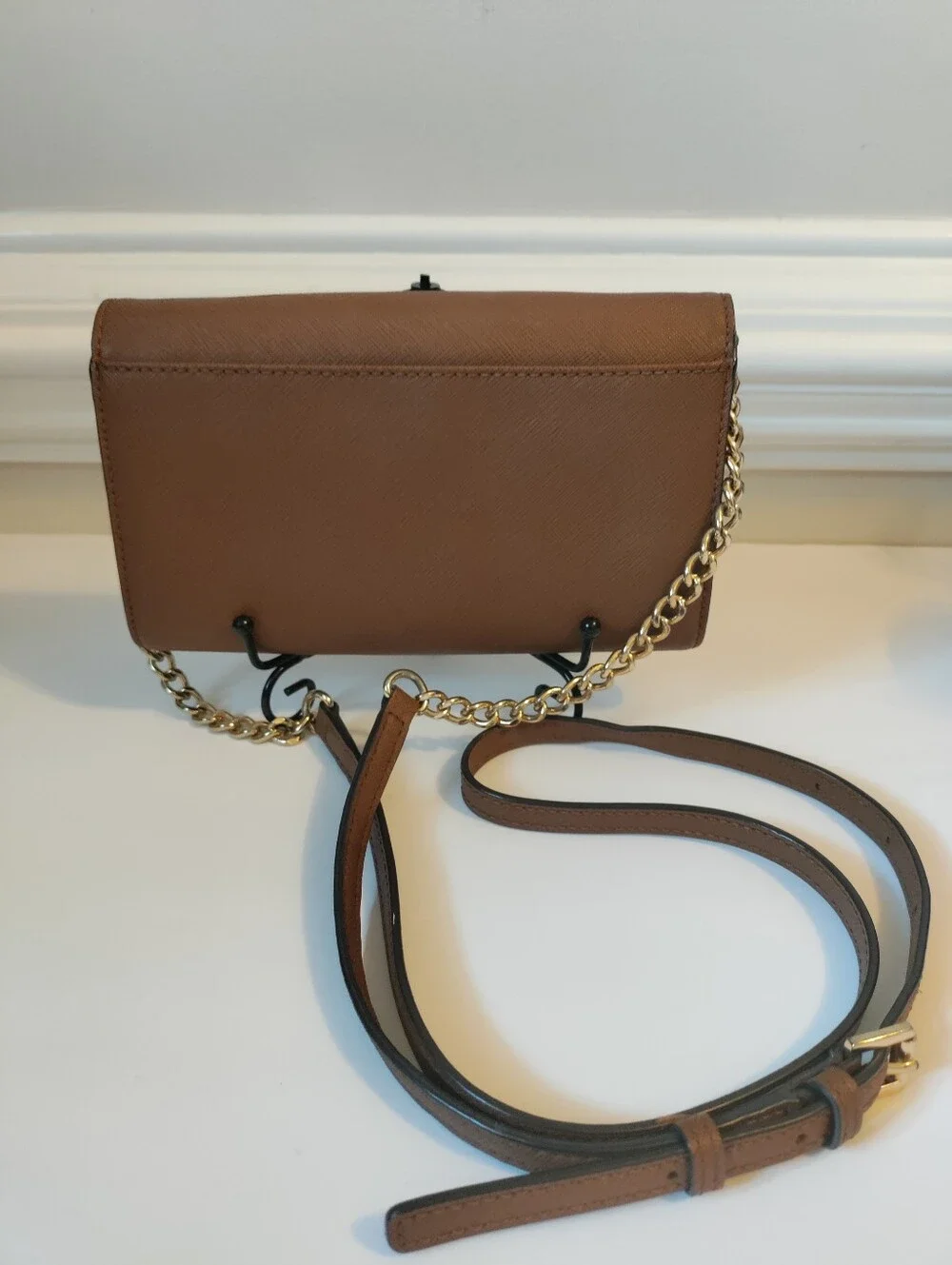 Michael Kors Cognac Saffiano Leather Crossbody Wallet with Gold Chain